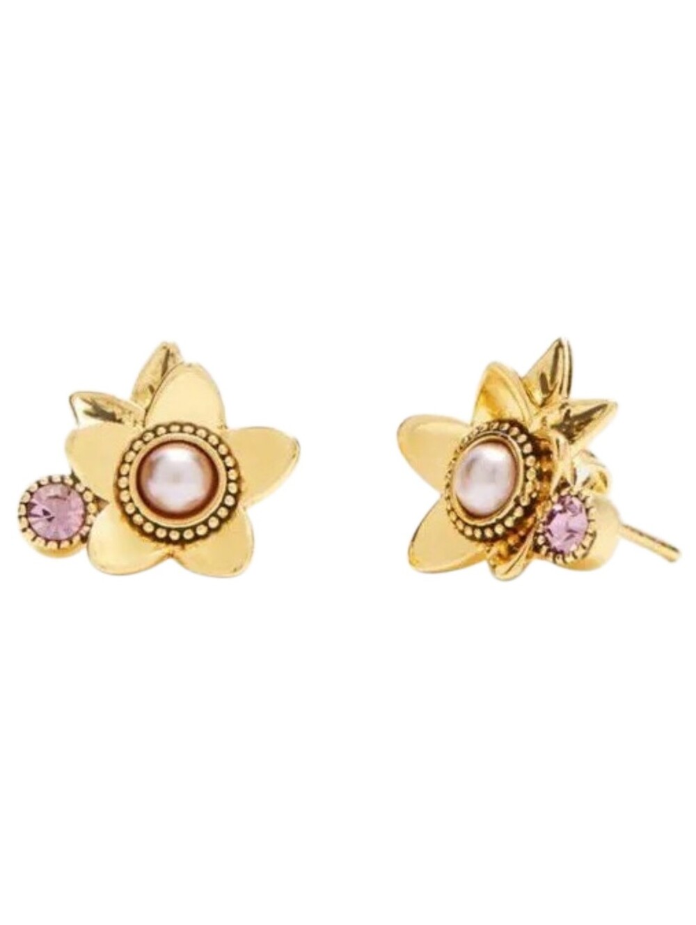 NWT Coach Gold Tone Wildflower Stud Earrings Pink Pearl Pink Crystal Gem - Picture 5 of 5